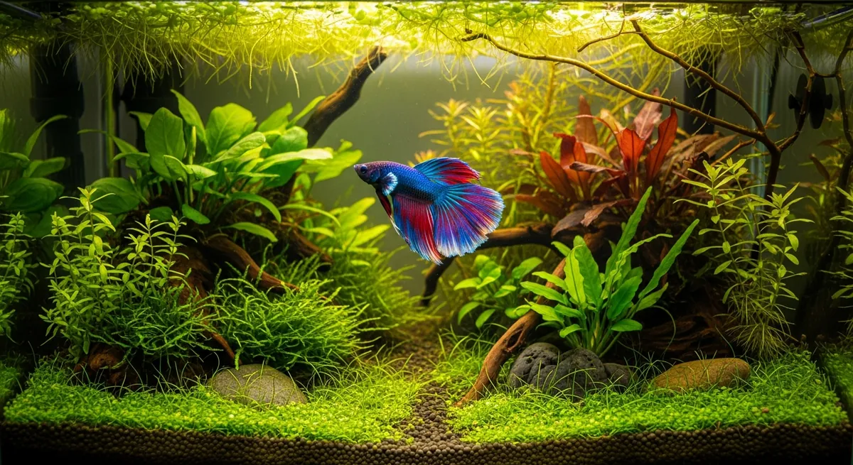 Blue and red betta fish swimming in a lush planted aquarium with driftwood and red stem plants