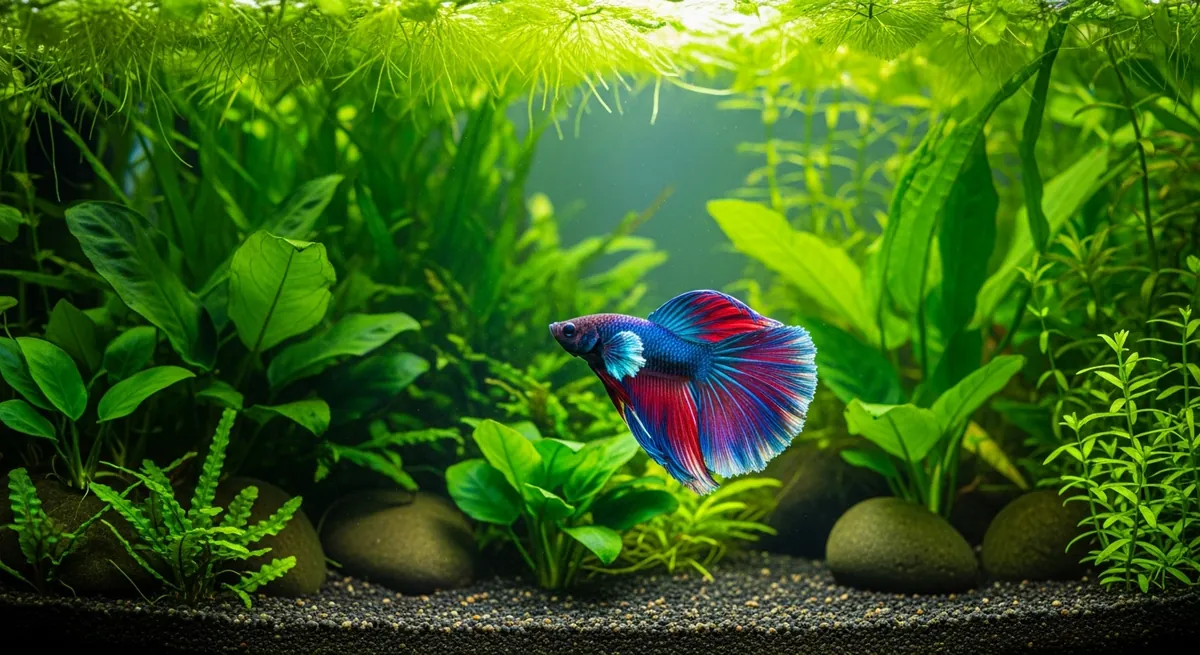 Red and blue halfmoon betta swimming in a lush planted aquarium with anubias, rocks and dark gravel