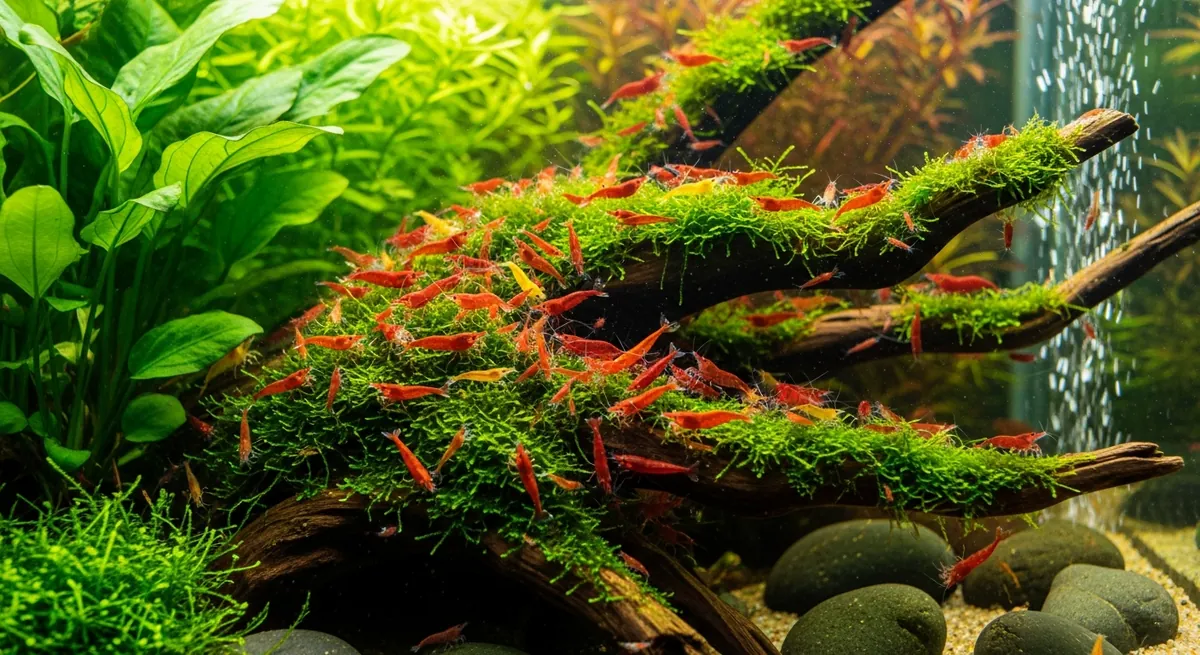 Red cherry shrimp grazing on moss-covered driftwood and pebbles in a lush planted aquarium