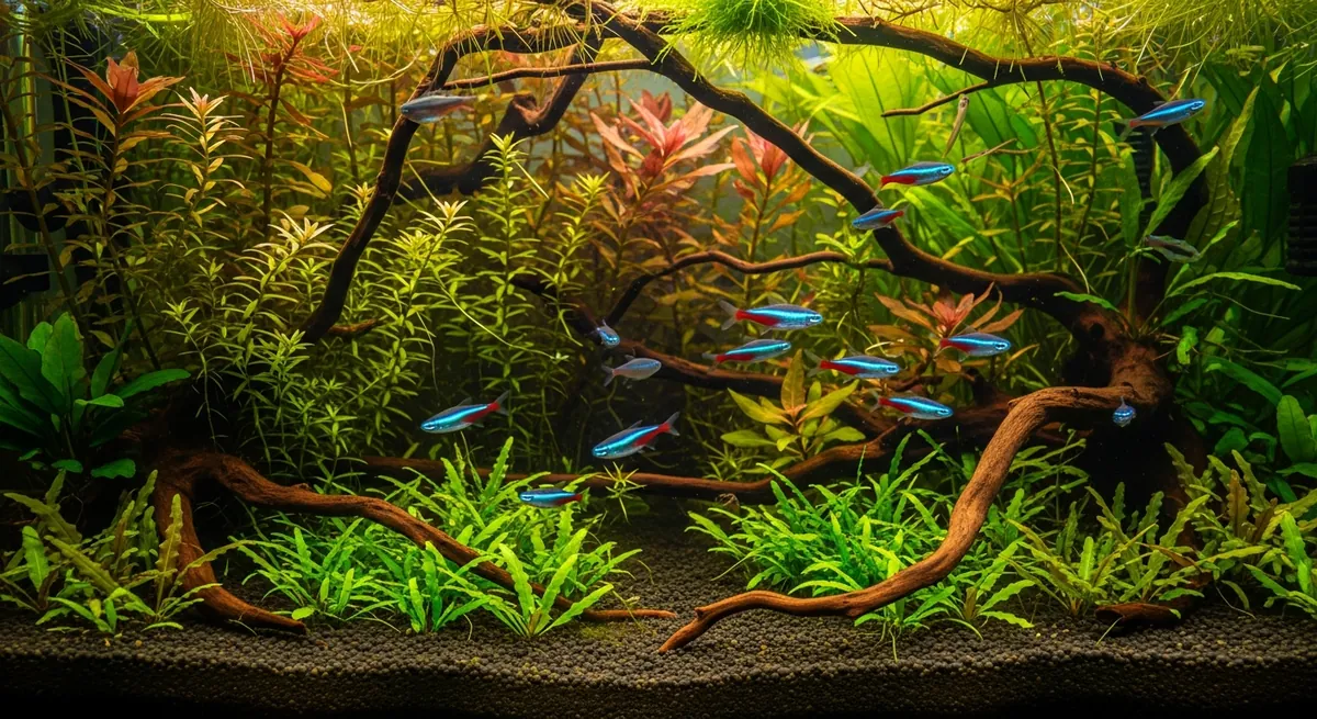 School of neon tetras swimming through dense stem plants in a 20-gallon long aquarium with dark soil substrate and spider wood
